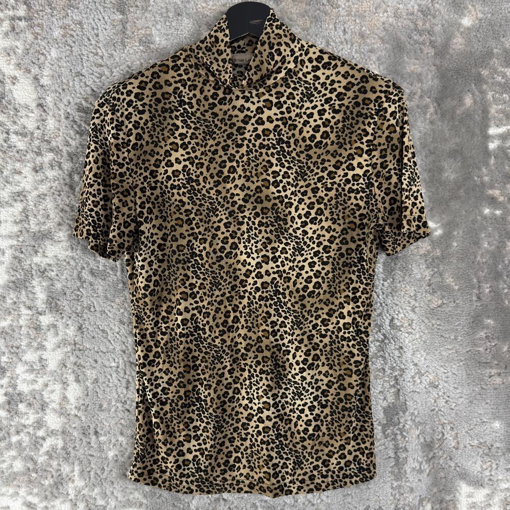 Susan Lawrence Size XS Cheetah Print Turtleneck Top Brown Short Sleeve Pullover‎